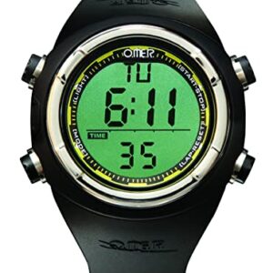 OMER Mistral digitale Freitauch- und Speerfischenuhr mit Tauchfunktion, schwarzes Armband und leuchtendes grünfarbenes Ziffernblatt.