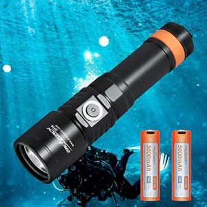 ORCATORCH D710 Tauchlampe in einer Unterwasserumgebung, präsentiert mit zwei Batterien, robustes Design für extreme Tauchbedingungen.