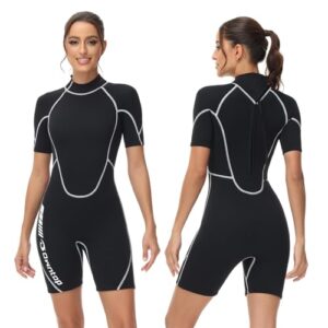 Owntop 3/2mm Shorty Neoprenanzug für Damen in Schwarz mit weißen Akzenten, ideal für Wassersportarten wie Tauchen und Surfen.