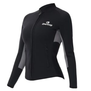 Owntop Damen Neoprenanzug-Oberteil in Grau, 2mm Neoprenjacke mit langen Ärmeln und YKK Frontreißverschluss, ideal für Wassersport und Fitness.
