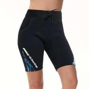 Owntop Neoprenhose für Damen in Schwarz mit blauen und weißen Designs, ideal für Wassersportarten wie Surfen, Schnorcheln und Schwimmen.