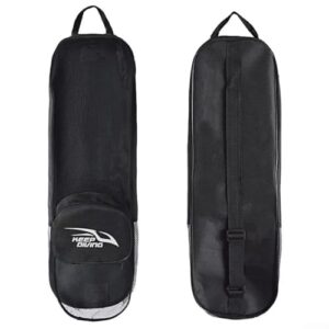Robuste schwarze Netztasche für Tauchen und Schnorcheln, geeignet für Unterwasserausrüstung wie Flossen und Masken, mit verstellbarem Riemen und Außentasche.