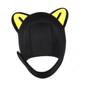 Schwarze Neopren Tauchhaube mit gelben Ohren für Wassersportaktivitäten wie Tauchen, Surfen und Rafting.