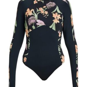 Stilvoller Roxy Fashion Onesie Lycra für Frauen in Anthracite Island Escape mit floralen Mustern, ideal für Wassersport und Strandaktivitäten.