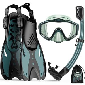 Komplettes 3-in-1 Schnorchelset für Erwachsene mit Schnorchelmaske, Flossen und Schnorchel in moderner Verpackung für unvergessliche Unterwasserabenteuer.