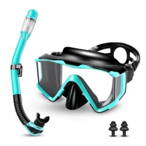 Schnorchelset für Erwachsene mit Taucherbrille und Dry Schnorchel in Schwarz und Grün, ideal für Schnorcheln und Tauchen, bietet panoramische Sicht, Anti-Beschlag-Funktion und wasserdichten Sitz.