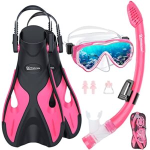 Schnorchelset für Kinder in Pink und Schwarz, bestehend aus verstellbaren Flossen, Anti-Fog Taucherbrille und Dry Schnorchel, ideal zum Schnorcheln und Schwimmen.