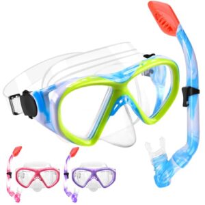 WOVOKA Schnorchelset für Kinder mit Taucherbrille und Schnorchel in blau und grün, ideal für 4-13 Jahre alte Jungen und Mädchen. Das Set bietet ein breites Sichtfeld, Anti-Leck- und Anti-Fog-Technologie für unvergessliche Unterwassererlebnisse.