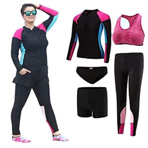 Frau im Schwimm-Neoprenanzug für Wassersport, Plus Größe 4XL-5XL, in Pink mit sportlichem Design zum Surfen, Schnorcheln und Kajakfahren.