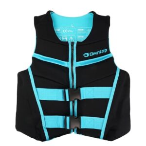 Verstellbare Schwimmhilfe für Jugendliche in Schwarz mit türkisfarbenen Akzenten, ideal für Wassersportarten wie Kajakfahren, Angeln und SUP.