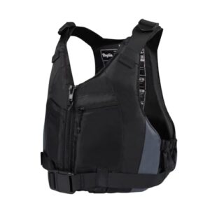 Verstellbare Auftriebsweste für Erwachsene in Schwarz, geeignet für Wassersportarten wie Kajakfahren, Angeln und Segeln, mit Taschen und Sicherheitsmerkmalen.