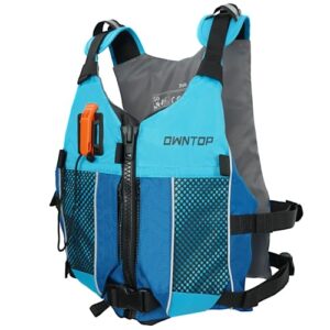 Owntop Schwimmweste für Jugendliche mit Trinkrucksack, großen Netztaschen und reflektierenden Streifen für Sicherheit beim Wassersport.