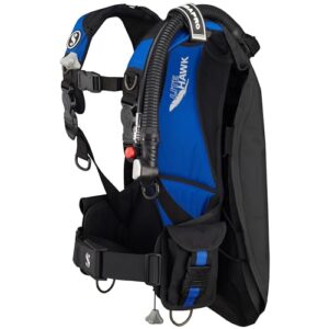 SCUBAPRO Litehawk Rückenschwimmweste in Blau und Schwarz, ideal für Taucher, Größe M/L, ergonomische Passform mit verstellbaren Schnallen und Taschen.