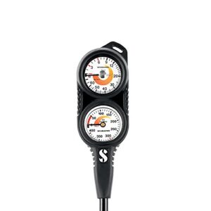 SCUBAPRO Twin Compact Konsole mit Manometer für sicheres Tauchen, zeigt Druckwerte bis 400 bar an, ausgestattet mit flexibler HD-Schlauch und Sicherheitsöse.