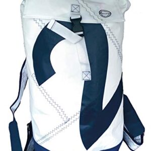 Sea Duffle Seesack in Weiß und Marineblau aus strapazierfähigem Segeltuch, ideal für Reisen, Strand und Sport.