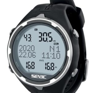 Seac Action Tauchcomputer in schwarz mit modernen Funktionen für Gerätetauchen und Freediving, inklusive Sicherheitsalarmen und Logbuch-Funktion.