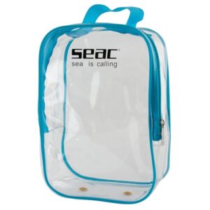 Transparente Kunststofftasche für Schnorchelmaske von SEAC, ideal für den Transport und die Aufbewahrung einer Vollgesichts-Schnorchelmaske.
