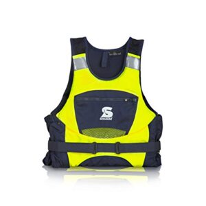 Secumar JUMP PRO Schwimmhilfe in neongelb-schwarz für Wassersport, geeignet für 90-120 kg, mit verstellbaren Riemen und Taschen für Sicherheit und Komfort.