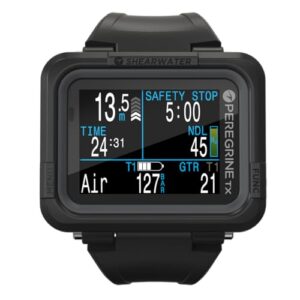 Shearwater Peregrine TX Air integrierter Farb-Tauchcomputer mit Kompass für professionelle Taucher und Freizeit-Taucher, zeigt aktuelle Tiefe, Tauchzeit, Sicherheitsstopp und verbleibenden Druckluft an.