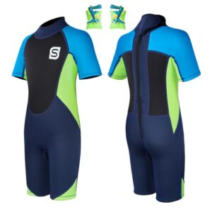 Kinder Neoprenanzug Shorty mit Schwimmflügel für Wassersportaktivitäten in Marineblau und leuchtendem Grün