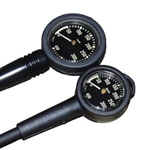 Unbekannt Sunline Finimeter Pressure-Gauge im Metallgehäuse, zweifach abgebildet mit schwarzer Skala und weißer Beschriftung zur Druckmessung, geeignet für professionelle Anwendungen.