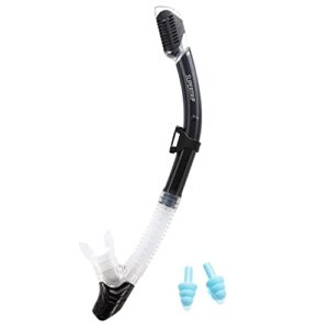 Supertrip Trockenschnorchel für Erwachsene in Schwarz mit ergonomischem Mundstück und zwei blauen Ohrstöpseln zur Verbesserung des Komforts beim Schnorcheln.