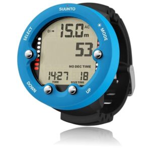Suunto Zoop Novo Handgelenk-Tauchcomputer in Blau mit digitaler Anzeige für Taucher. Ideal für Unterwasserabenteuer mit vielseitigen Betriebsarten und robuster Bauweise.