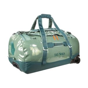 Tatonka Barrel Roller 80 L, eine große Reisetasche in mintgrün mit Trolley-Funktion und Rucksackoption, ausgestattet mit einem Teleskop-Handgriff und abschließbarem Reißverschluss.
