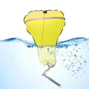 Generischer Tauch-Hebesack in leuchtendem Gelb teilweise unter Wasser, ausgestattet mit reflektierenden Sicherheitsstreifen und einer blasenartigen Form, ideal für Tauchsicherheit und Unterwasser-Nutzung.