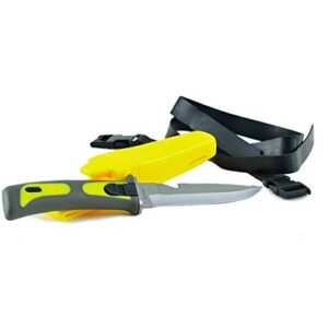 Tauchermesser mit 115 mm Edelstahlklinge, Sägefunktion und robustem Beinholster für Taucher und Wassersportler.