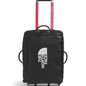 Schwarzer Rollkoffer von The North Face mit robustem Material, Teleskopstange, Trageriemen und stylisiertem Berg-Logo, ideal für Sport und Reisen.