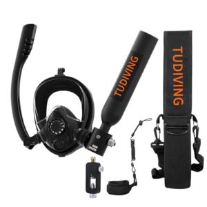 TUDIVING 0,5 l tragbares Tauchflaschenset mit Vollgesichts-Schnorchelmaske und Zubehör für Tauchen und Bootsreinigung, in sportlichem Schwarz und Orange.