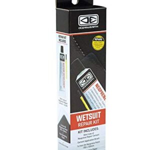 Ocean & Earth Ultimate Wetsuit Repair Kit für die effiziente Reparatur von Neoprenanzügen, angezeigt auf einer ansprechenden Verpackung in Schwarz, Weiß und Rot.