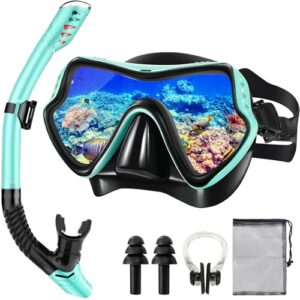 Vautvis Schnorchelset für Erwachsene bestehend aus einer Taucherbrille mit HD gehärtetem Glas und einem Dry Schnorchel mit verstellbarem Silikonband, ideal zum Schnorcheln und Tauchen.