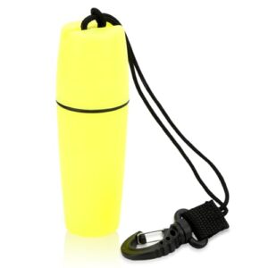 Wasserfeste Kajak-Behälter-Flasche in Gelb mit schwarzem Ring und Tragschnur, perfekt für Wassersport und Outdoor-Aktivitäten.