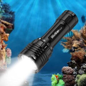 Wurkkos DL30 Tauchlampe unter Wasser in maritimer Umgebung, robustes Design, 3600 Lumen Leistung, ideal für Tauchen und Schnorcheln.