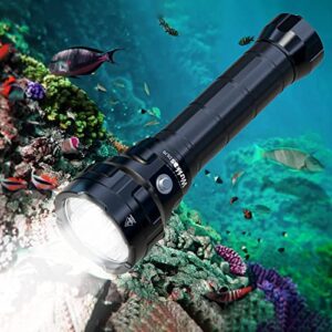 Die Wurkkos DL70 Tauchlampe unter Wasser, die einen hellen Lichtstrahl auf Korallen und Fische projiziert, umgeben von klarem, blauem Wasser.