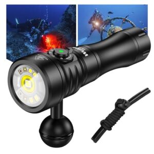Wurkkos DL08 Unterwasser-Tauchlampe mit einem Maximum von 3600 Lumen und einer Reichweite von 274 Metern, ausgestattet mit Rotlicht, UV-Licht und stufenlos dimmbaren Modi, ideal für Unterwasserfotografie.