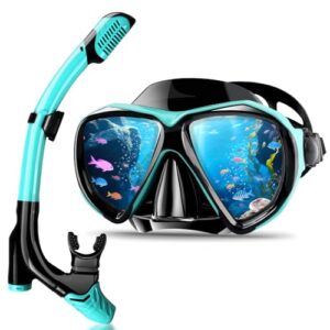 Schnorchelset für Erwachsene und Kinder, Schnorcheln Set mit Dry Schnorchel und Taucherbrille, 180° Anti-Leck Anti-Fog Taucherbrille mit Nase für Schnorcheln, Schwimmen und Tauchen