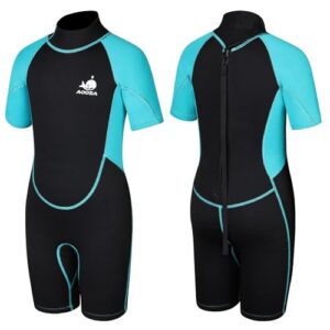 AOOSA Neoprenanzug Kinder für Jungen und Mädchen, 2.5 mm Neopren Thermo Badeanzug, Shorty Neoprenanzug mit Reißverschluss Hinten für Wassersport, Schwimmen, Schnorcheln, Surfen, Tauchen (Blau, XL)