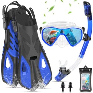 Schnorchel-Set für Erwachsene mit Anti-Fog-Taucherbrille, Flossen, Trockenschnorchel und wasserdichte Handyhülle