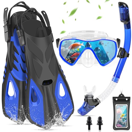 Schnorchel-Set für Erwachsene mit Anti-Fog-Taucherbrille, Flossen, Trockenschnorchel und wasserdichte Handyhülle
