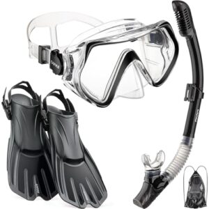 CAPAS Schnorchelset mit Flossen, Schnorchelausrüstung in Reisegröße für Erwachsene mit kurzen verstellbaren Schwimmflossen und hochresistenter Tauchermaske aus gehärtetem Glas