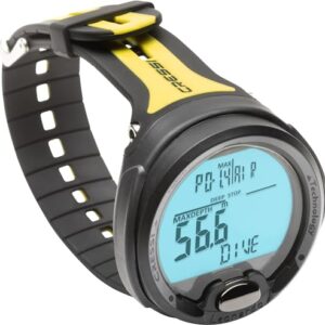 Tauchcomputer von Cressi, Schwarz und Gelb, mit Display und Timerfunktion für sichere Tauchtouren planen