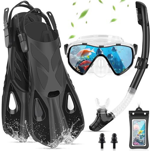 Schnorchelset für Erwachsene, 7-teilige Ausrüstung mit Anti-Fog Taucherbrille, Flossen, Trockenschnorchel und Handyhülle