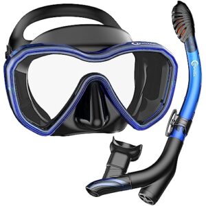 Neu Verbessertes Schnorchelset für Erwachsene, bestehend aus einer wasserdichten Tauchmaske und einem 3-Kanal Premium Dry Schnorchel aus gehärtetem Glas mit Anti-Fog und Anti-Leck-Eigenschaften.