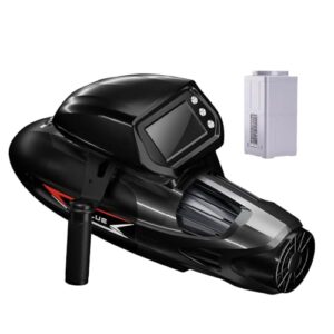 Schwarzer Unterwasserscooter mit weißen Batterien und silberner Propeller für Tauchen, Schnorcheln und Freitauchen