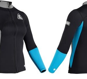 Hochwertige Neoprenjacke für Frauen, 2 mm Neopren, Schwimmen, Schnorcheln, Surfen und Kajakfahren, Schwarz/Aquamarin, S/2