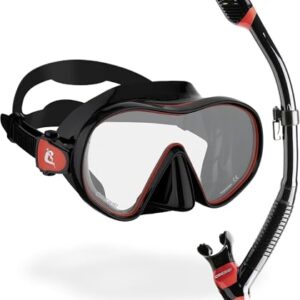 Tauchmaske und Trockenschnorchel Set zum Schnorcheln und Gerätetauchen, Schwarz/Rot, Einheitsgröße, Unisex