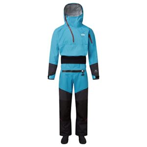 Professioneller Hochleistungs-Drysuit aus wasserdichtem Material mit angewachsener Kapuze und Reissverschluss, geeignet für Taucher und Outdoor-Aktivitäten in kaltem Wasser.